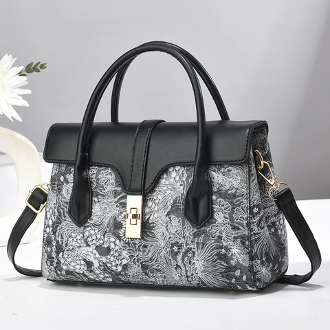 Vintage Chinese Style Embroidery Shoulder Bag Women Floral Jacquard PU Leather Handbag With Metal Lock And Removable Strap