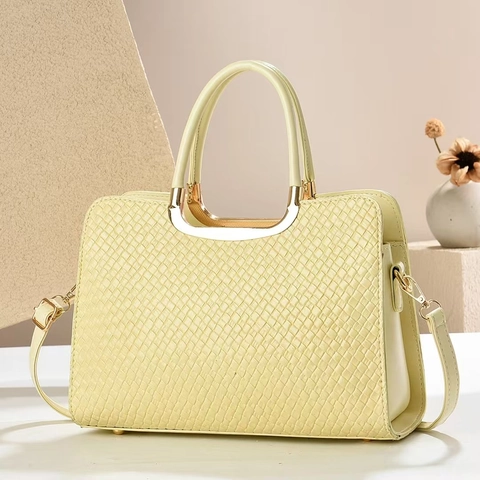 Damen Handtasche Gewebtes PU-Leder Große Kapazität Schulter Umhängetasche Goldener Metallgriff Elegant Pendeln Macaron