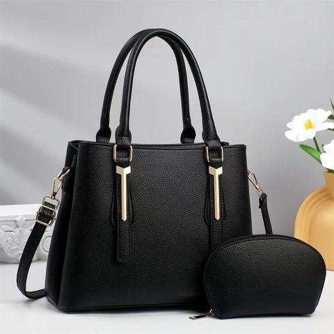 Women Vintage PU Leather Litchi Grain Tote Bag And Pouch With Gold T-Hardware Detachable Shoulder Strap High-End Commuter