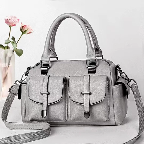 Borsa Mano Donna Pelle PU Trama Litchi Stile Boston Due Tasche Anteriori Borsa Tracolla Con Tracolla Larga