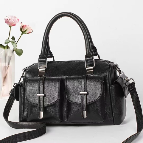 Borsa Mano Donna Pelle PU Trama Litchi Stile Boston Due Tasche Anteriori Borsa Tracolla Con Tracolla Larga