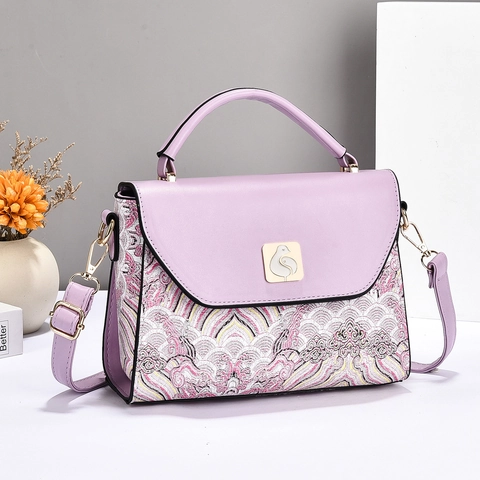 Chinese Style PU Leather Crossbody Bag Women Oriental Wave Pattern Jacquard Small Square Shoulder Handbag Bird Buckle