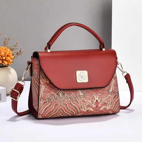 Chinese Style Printed PU Leather Handbag For Women Vintage Embroidery Jacquard Shoulder Bag Casual Crossbody Bag Bird Buckle