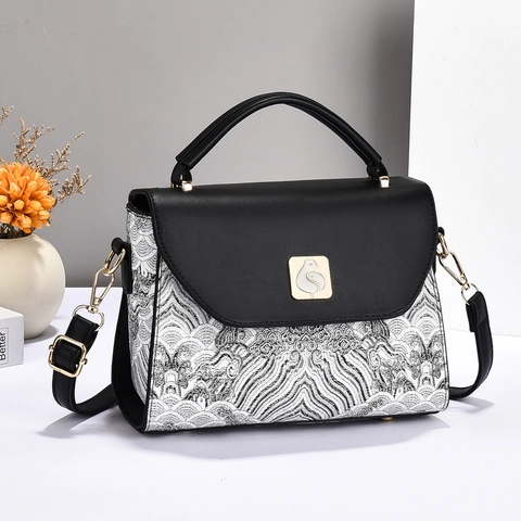Chinese Style PU Leather Crossbody Bag Women Oriental Wave Pattern Jacquard Small Square Shoulder Handbag Bird Buckle