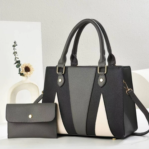 Women Handbag And Wallet PU Leather Litchi Grain Color Block Patchwork Tote Shoulder Bag Commuter Fashion Large Capacity