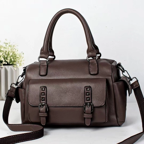Women Litchi Grain PU Leather Boston Handbag With Wide Strap Rivet Decoration Crossbody Shoulder Purse Commute