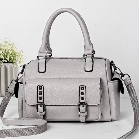 Women Litchi Grain PU Leather Boston Handbag With Wide Strap Rivet Decoration Crossbody Shoulder Purse Commute