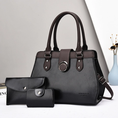 Bolso De Mano Para Mujer Con Cartera Y Tarjetero Cuero PU Gran Capacidad Color Contraste Retro De Diario Tote Hombro