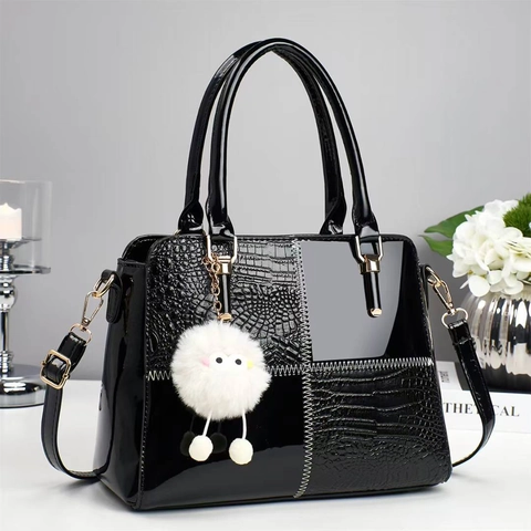 Women Trendy Patchwork Handbag Patent PU Leather Crocodile Pattern Shoulder Crossbody Bag With White Fur Ball Charm
