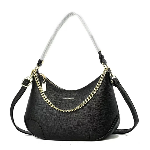 Women Crescent Hobo Bag Lychee Pattern PU Leather Gold Chain Decor Underarm Shoulder Bag Casual Handbag
