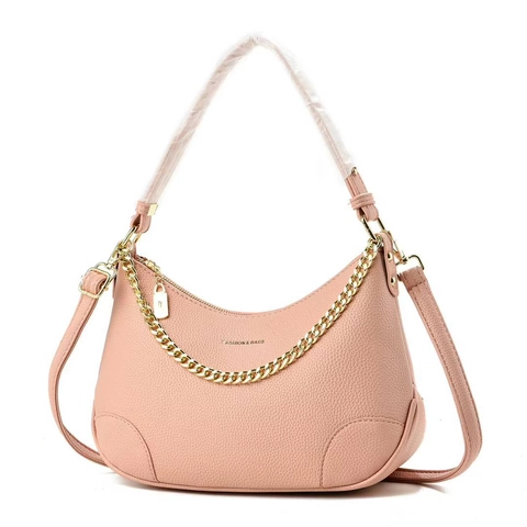 Women Crescent Hobo Bag Lychee Pattern PU Leather Gold Chain Decor Underarm Shoulder Bag Casual Handbag