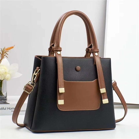 Women Large Capacity PU Leather Handbag Contrast Color Block Lychee Texture Shoulder Bag Commuting Crossbody Bag Daily Tote