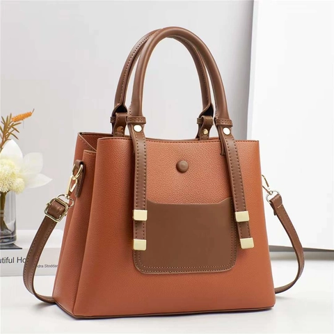 Women Large Capacity PU Leather Handbag Contrast Color Block Lychee Texture Shoulder Bag Commuting Crossbody Bag Daily Tote
