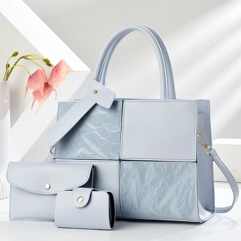 Women Elegant Faux Leather Handbag Set Patchwork Shoulder Bag Light Luxury Tote Crossbody Bag Commuter Lady Purse Set