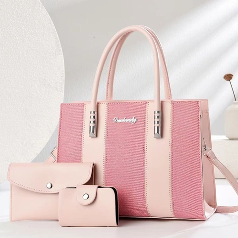 Women Fashion PU Leather Fabric Splicing Tote And Wallet And Card Holder Set Contrast Color Shoulder Bag Office Daily Handbag