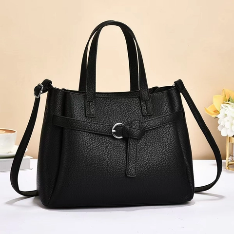 Women Lychee Pattern PU Leather Handbag Elegant Belt Buckle Decor Commuter Shoulder Crossbody Tote Bag