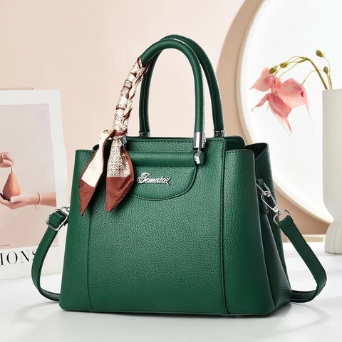 Elegant PU Leather Handbag For Women Litchi Grain Crossbody Bag With Satin Scarf Decor And Detachable Strap Urban Commuter