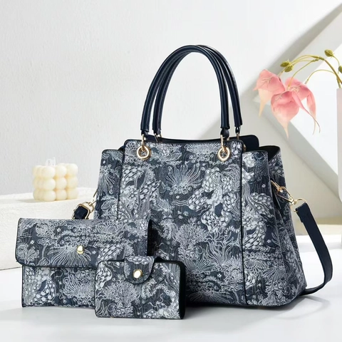 Sac à Main Jacquard Floral Pour Femmes Avec Pochette Et Portefeuille En Cuir PU Élégant Sac Fourre-tout Bandoulière Quotidien Voyage