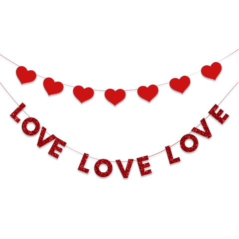 Valentine Day Heart Banner Garland Glitter Paper Love XOXO Letter Hanging Decoration Pom Pom String For Wedding Birthday Party Home