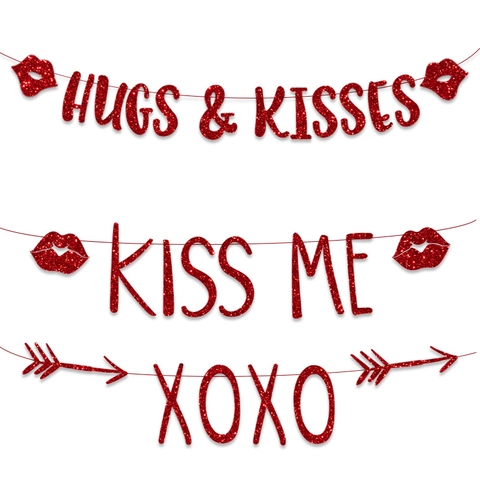 Valentine's Day Banner Red Glitter Hugs And Kisses Kiss Me XOXO Hanging Garland For Wedding Party Proposal Decorations