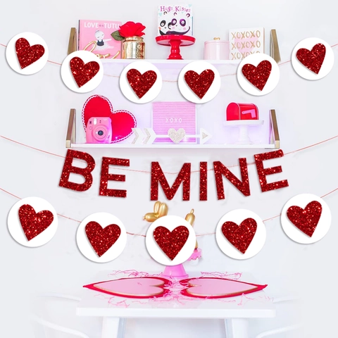 Glitter Be Mine Letter Heart Banner Garland Set For Valentine's Day Wedding Proposal Anniversary Romantic Party Decoration Paper Hanging Ornament