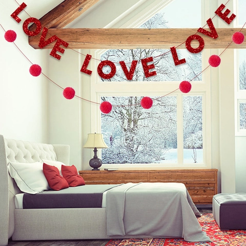 Valentine Day Heart Banner Garland Glitter Paper Love XOXO Letter Hanging Decoration Pom Pom String For Wedding Birthday Party Home