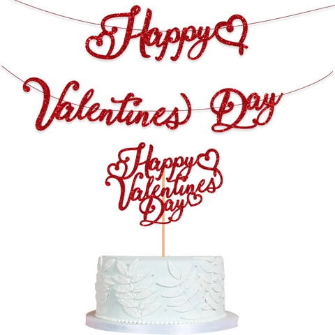 Glitter Paper Happy Valentine's Day Banner And Cake Topper Romantic Heart Party Garland Hanging Decoration For Wedding Birthday