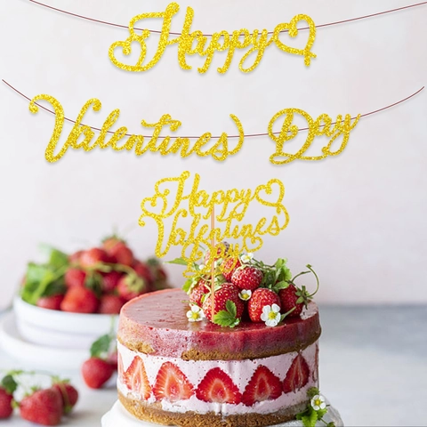 Striscione Happy Valentine's Day Glitterato E Cake Topper Motivo A Cuore Per Festa Matrimonio Decorazione Casa Oro Rosa Rosso