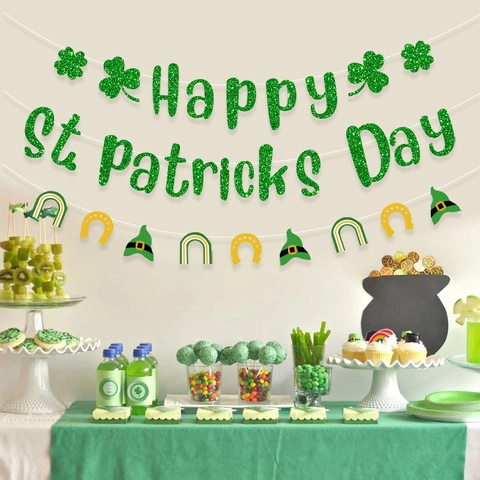 St Patrick's Day Banner Green Glitter Paper Shamrock Rainbow Horseshoe Hanging Garland Party Decorations