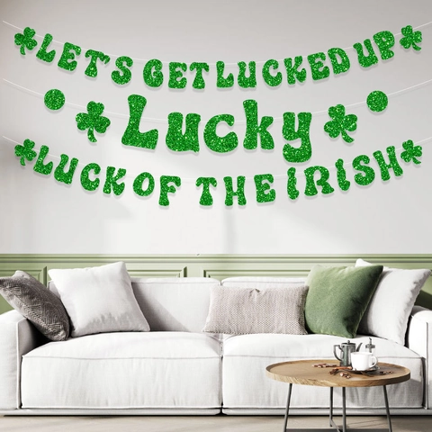 St Patricks Day Banner Green Glitter Shamrock Clover Garland Bunting For Irish Party Decorations Home Wall Hanging Ornament