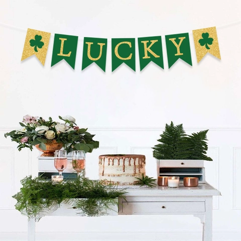 Pancarta Verde Oro Purpurina San Patricio Lucky Trébol Cola Golondrina para Cumpleaños Fiesta Decoración Hogar Guirnalda Papel