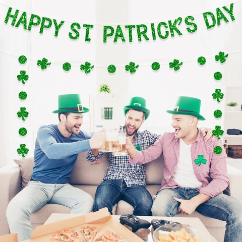 Striscione Happy St Patrick's Day Verde Glitter Ghirlanda Di Trifoglio Decorazioni Per Feste Carta Trifoglio Appeso