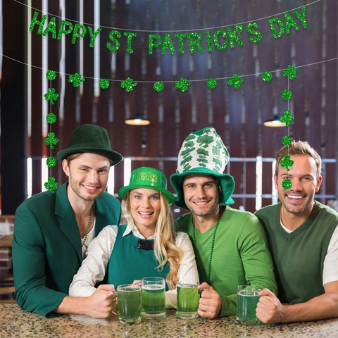 Striscione Happy St Patrick's Day Verde Glitter Ghirlanda Di Trifoglio Decorazioni Per Feste Carta Trifoglio Appeso