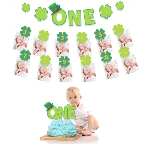 St Patrick's Day Baby First Birthday Decoration Green Gold Shamrock ONE Banner Monthly Photo Banner And Cake Topper Party Supplies