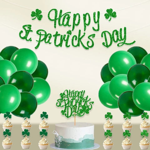 St. Patrick's Day Decor Set Green Glitter Banner Cake Toppers Latex Balloons Shamrock Party Supplies Festival Ornament