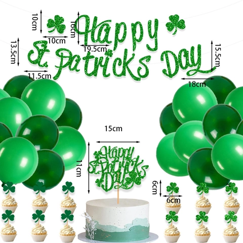 St. Patrick's Day Decor Set Green Glitter Banner Cake Toppers Latex Balloons Shamrock Party Supplies Festival Ornament