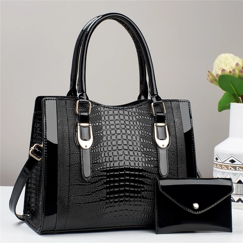 Handbag And Wallet Duo Crocodile Embossed Patent PU Leather Top Handle Tote Elegant Shoulder Bag For Women