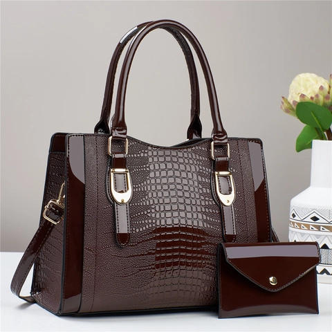 Handbag And Wallet Duo Crocodile Embossed Patent PU Leather Top Handle Tote Elegant Shoulder Bag For Women