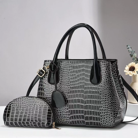 Women Crocodile Embossed Tote Bag And Small Pouch Glossy PU Leather Handbag Professional Shoulder Bag For Commuting Office Use