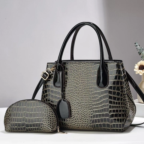 Women Crocodile Embossed Tote Bag And Small Pouch Glossy PU Leather Handbag Professional Shoulder Bag For Commuting Office Use