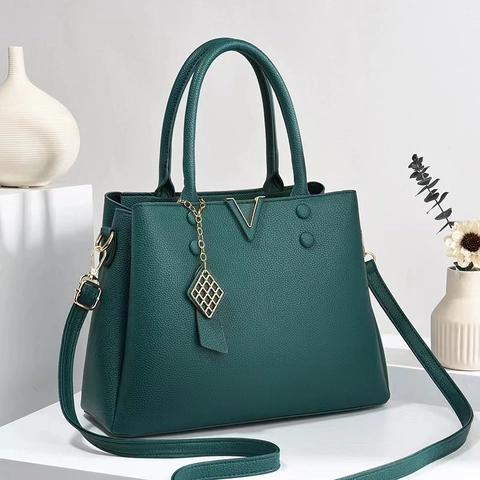 Women PU Leather Handbag Lychee Pattern Large Capacity Tote Bag With Detachable Shoulder Strap For Daily Commute Elegant
