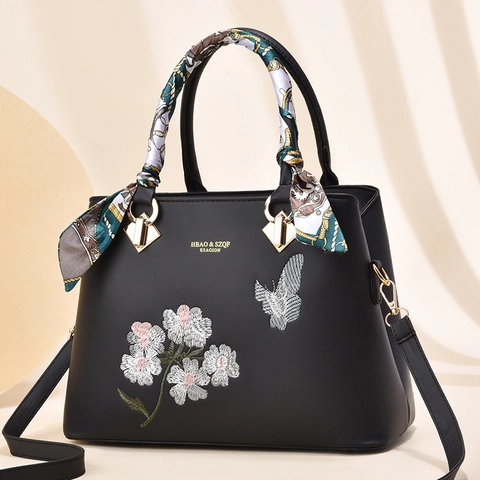 Große Damen PU-Leder Handtasche Mit Blumen Schmetterling Stickerei Satin-Schal Griff Pendler Schultertasche Für Den Alltag