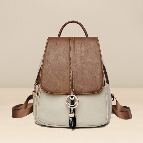 Mochila de Moda para Mujer Cuero PU Bloques de Color Vintage Bolso de Viaje Pequeño Con Colgante de Gato Bola de Pelo Cara Sonriente