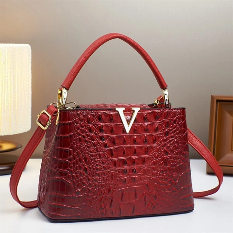 Bolso de Mano en Forma de V con Patrón de Cocodrilo Bolso Tote de Cuero PU de Lujo de Gran Capacidad de Hombro Retro