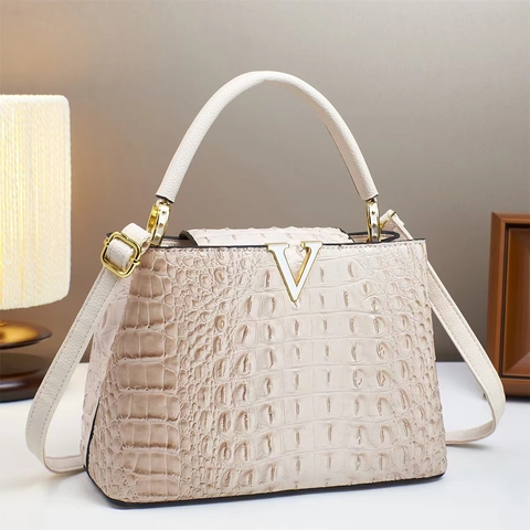 Bolso de Mano en Forma de V con Patrón de Cocodrilo Bolso Tote de Cuero PU de Lujo de Gran Capacidad de Hombro Retro