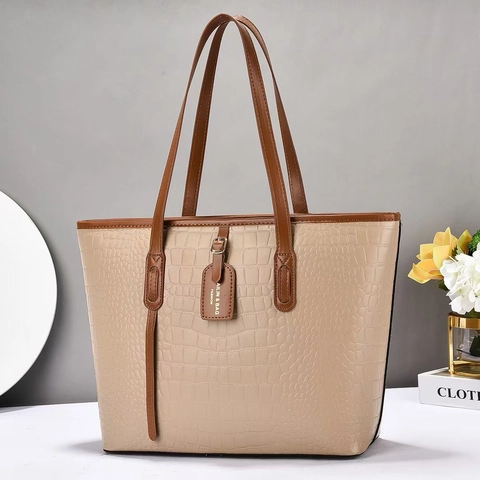 Bolso Tote de Mujer de Cuero PU con Estampado de Cocodrilo Bolso de Hombro de Gran Capacidad Asa de Color en Contraste