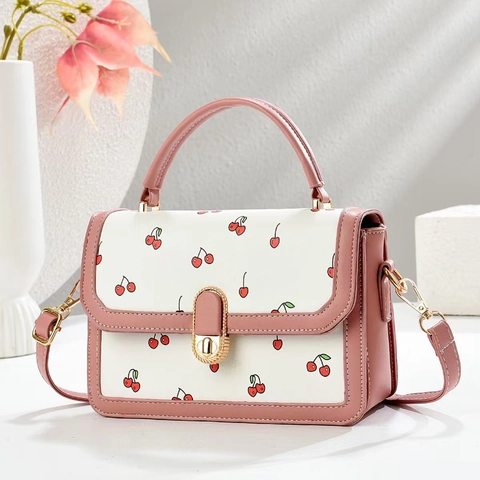 Women Cherry Print PU Leather Handbag Sweet Square Crossbody Shoulder Bag With Top Handle And Detachable Strap