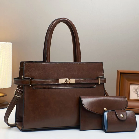 PU Leather Handbag Wallet And Card Holder Structured Tote With Gold Lock Hardware Professional Commute Style For Women