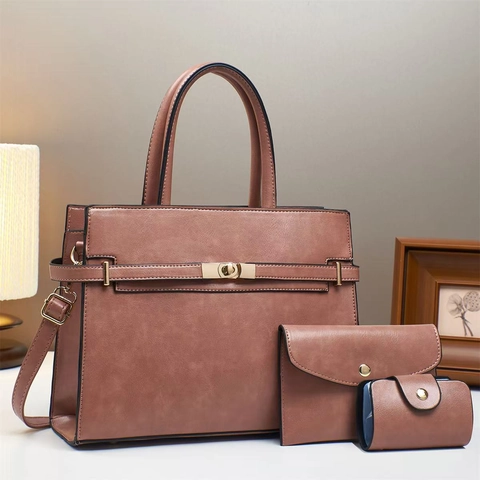 PU Leather Handbag Wallet And Card Holder Structured Tote With Gold Lock Hardware Professional Commute Style For Women
