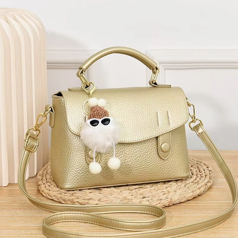 Women Litchi Grain PU Leather Crossbody Bag With Top Handle Adjustable Strap And Cute White Plush Doll Pendant